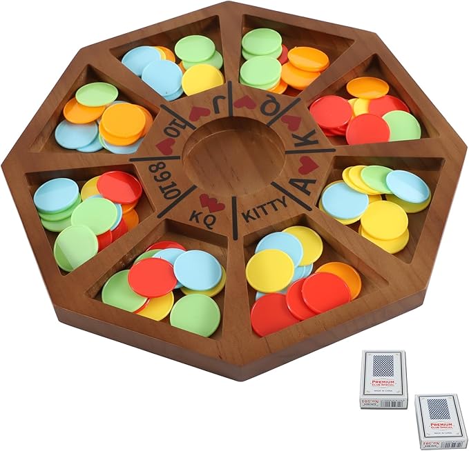 Michigan Rummy Game Deluxe Set Perfect Blend of A Royal Game of Hearts Rummy Poker Wooden Tripoley Board Game Betting Bluffing Game Classical Family Card Game for 100 Chips（Walnut）