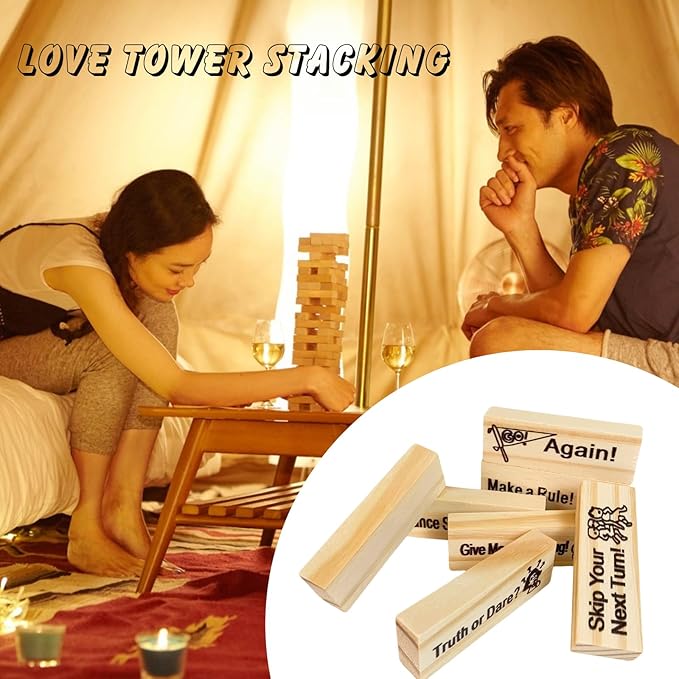 Lust Tower, Tumble Blocks Game for Adults, Valentine 48Pcs Couples Date Night Wood Stacking Game Blocks for Girlfriend, Boyfriend, Newlywed, Wife or Husband