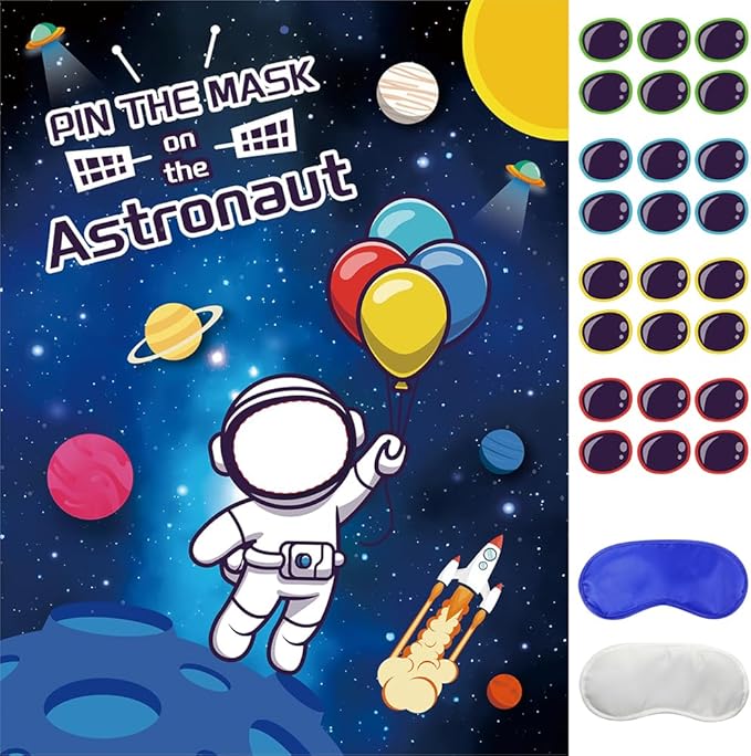 Pin The Mask on The Astronaut Games, Space Birthday Games for 24 Players First Trip Around The Sun Sticker Game Astronaut Poster with 24 Stickers and 2 Eye Masks Space Decorations