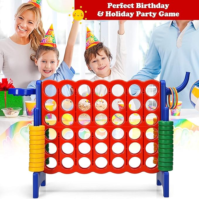 Giant 4 in a Row Connect Game, Jumbo 4 to Score Game Set w/ 42 Chess Rings, Basketball & Hoop, Toss Rings & Quick-Release Lever, Indoor & Outdoor Family Party Game for Kids & Adults