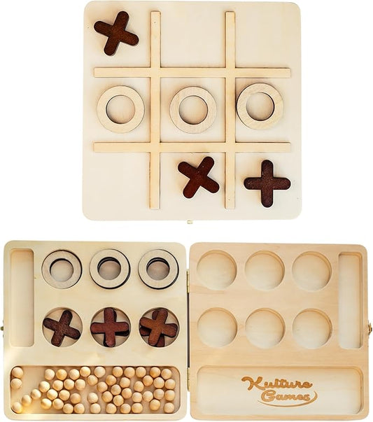 Kulture Games 2-in-1 Mancala Tic Tac Toe Board Game Set – Wooden Folding Mancala Game for All Ages – Portable, Aesthetic Design – Strategic Family Game Set for Travel, Kids, and Adults