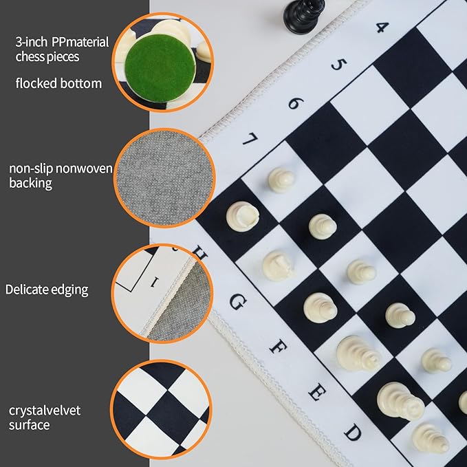 19.7" Foldable Chess Mat Set – Soft Black & White Fabric Chess Board with 3-Inch Staunton Pieces – Portable Travel Chess Game for Kids and Beginners – Includes Storage Bag