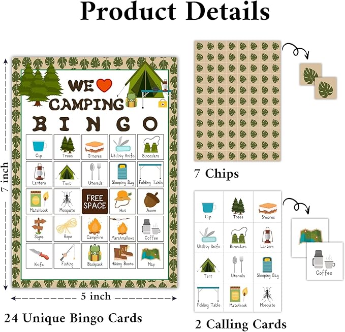 Camping Bingo Games, 24 Players Bingo Cards, Campground Activity for Friends Family, Vacation Gifts for Adult Teenager, Camping Games Camping Party Game Bingo Supplies -03