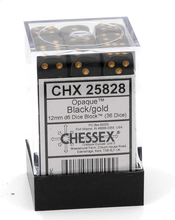 Chessex CHX25828 Dice-Opaque: 36D6 Black/Gold Set