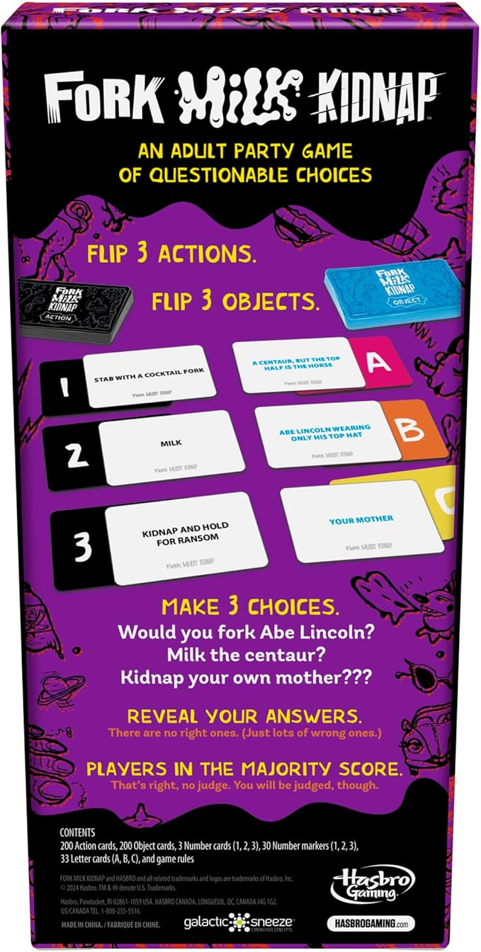 Hasbro Gaming Fork Milk Kidnap Game for Adults Only, an Adult Party Game of Questionable Choices, Ages 17+, for 3 to 10 Players, Hilarious NSFW Card Games