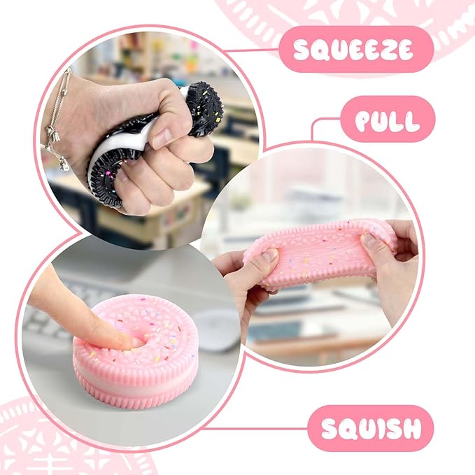 2 Packs Cookie Squishies Fidget Toys Adults, Squeeze Toys Sticky Sensory Toys for Kids with Autism, Stress Balls for Adults Fidgets Birthday Gifts Party Favors for Kids(Pink Black)