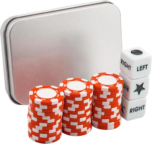 Left Right Center Dice Game Set with 3 Dices + 36 Red Poker Chips and Silver Storage Box