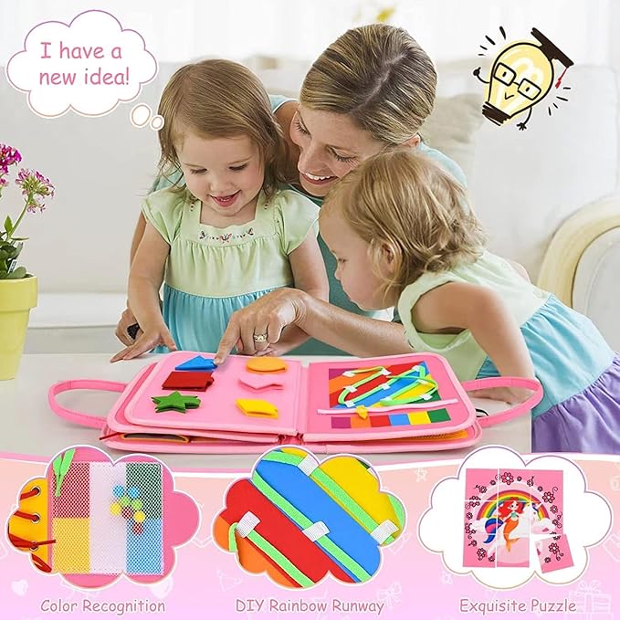 Busy Board for Toddler Girls 1 2 3 4 Montessori Busy Book Sensory Learning Toys for Girl and Boys Preschool Toys Birthday Gift (Pink)