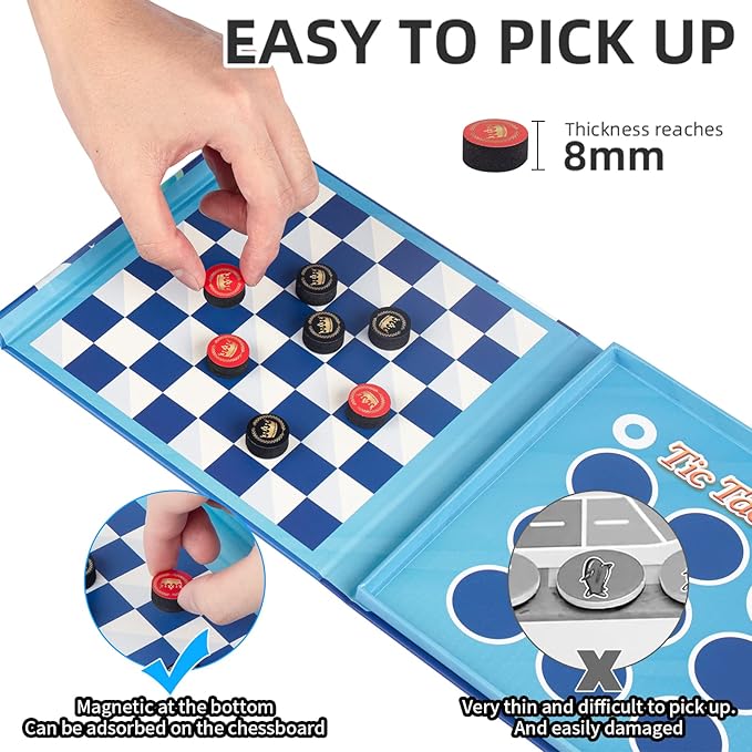 2-in-1 Checkers & Tic-Tac-Toe Board Game | Magnetic Travel Games for Kids 8-12 | Plane Activities for Kids Ages 8-12 | Foldable Magnetic Checkers & Travel Activities (Ages 3-12)