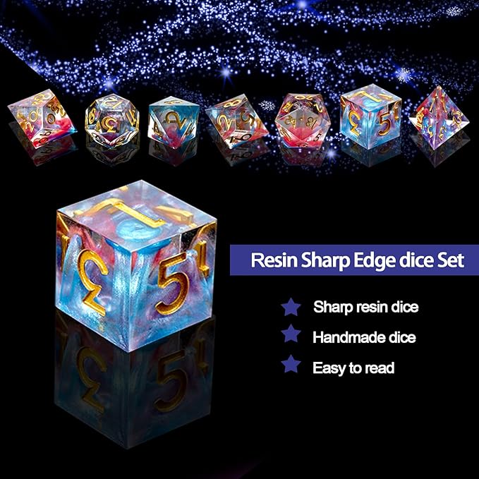 DND Dice Set Sharp Edge Dice Set 7 Piece DND polyhedral Dice Numbers with Gold Leaf Exquisite Tin Box Packaging,Ideal for Dungeons & Dragons RPG and Board Games (Starry Sky Gold)