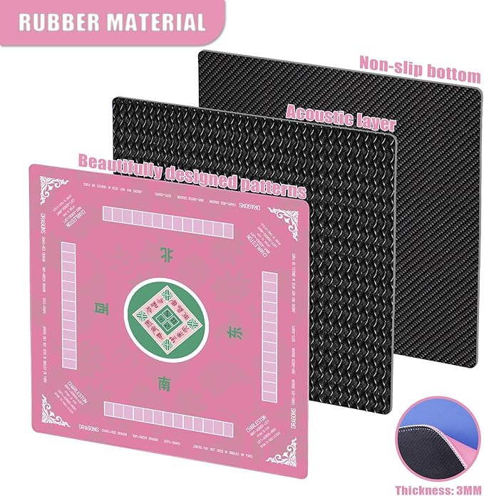 31.5 Inch Mahjong Mat for Table, 3MM Non-Slip & Noise Reduction Gaming Mat with Drawstring Bag, Perfect for Poker, Board Games, Card Games, Tile Games, and Dominoes (Pink)