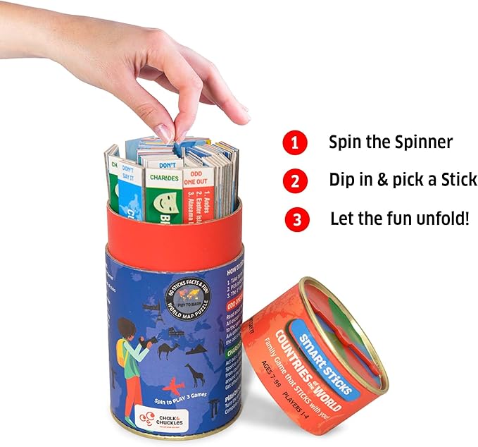 Chalk and Chuckles Smart Sticks Countries of The World Game, Gifts for 8-12 Year Old, Cool Learning Gift Idea for Teenage Boys & Girls