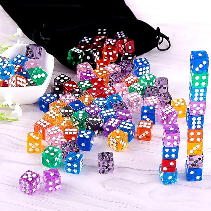 AUSTOR 100 Pieces Dice 12mm Game Dice Set 6 Sided Dice Translucent Colors Square Corner Dices Set for Tenzi, Farkle, Yahtzee, Bunco or Teaching Math with a Velvet Drawstring Bag