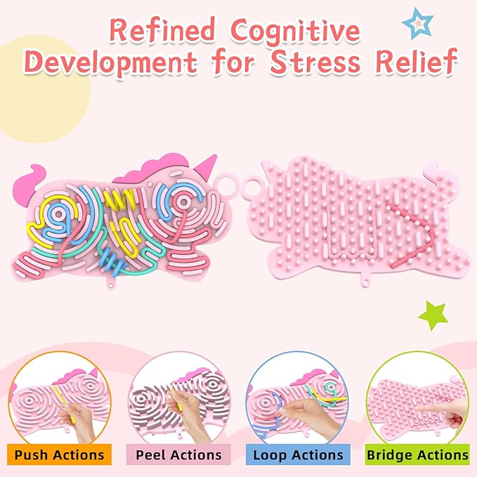 Silicone Sensory Activity Board,Double-Sided Busy Board for Fine Motor Skill,Fidget Toy for Calming, Stress, Anxiety, ADHD , Autism , Silent, No Mess , Kids 3+ & Adults(Unicorn,Pink)