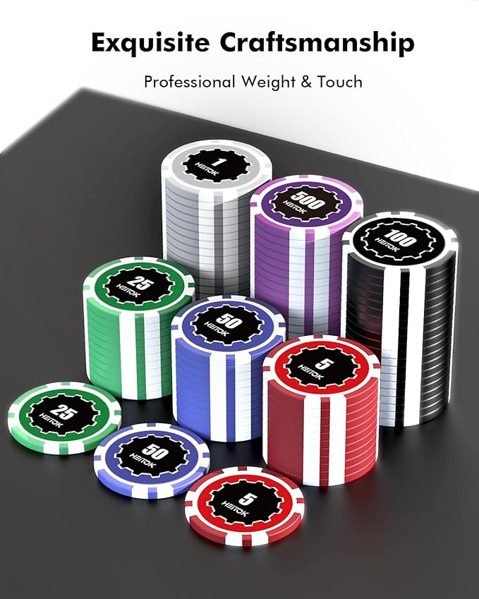 Poker Chips with Denominations, 300-pcs 11.5g Weighted Numbered Casino Chips Set, 5 Dice, 2 Decks with Compact Aluminum Case for Texas Hold'em, Blackjack, Age 8 and Plus