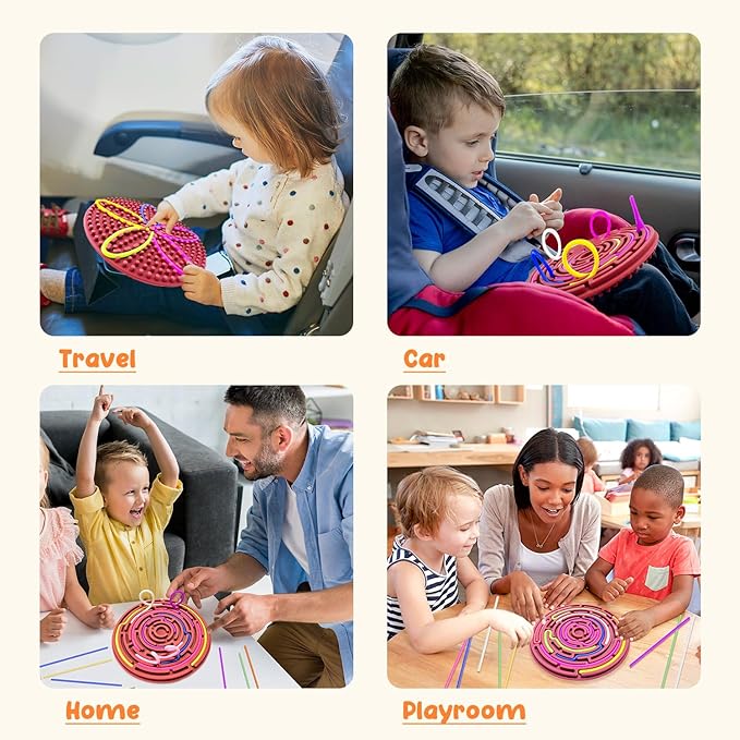 Sensory Activity Board for Kids and Adults, Double-Sided Silicone Fidgets Toys - Silent, No Mess, for Calming, Stress Anxiety, ADHD&Autism - Includes Portable Travel Bag & 12 Strings, Berry