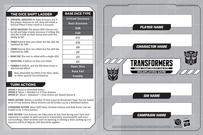 Renegade Game Studios Transformers Roleplaying Game Expanded Character Sheet Journal
