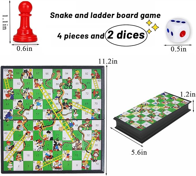 KIDAMI Magnetic Snakes and Ladders Board Game Set, Folding Portable Design, Family Travel Game Set Gift for Kids and Adults (11.2 inch x 11.2 inch)