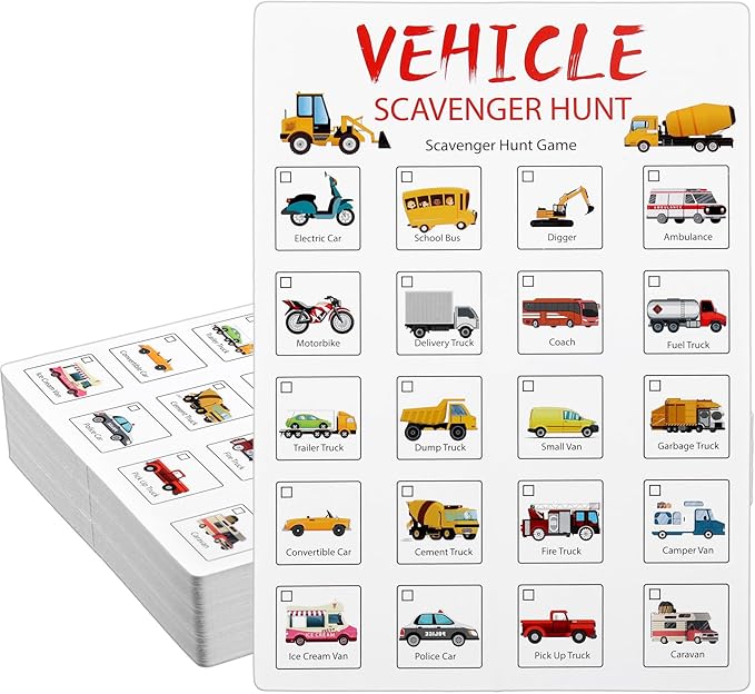 Hoolerry 30 Pcs Nature Scavenger Hunt for Kids Road Trip Game Car Scavenger Hunt Cards Travel Activities Camping Games Outdoor Indoor Seek Activity for Kids Adults(Vehicles)