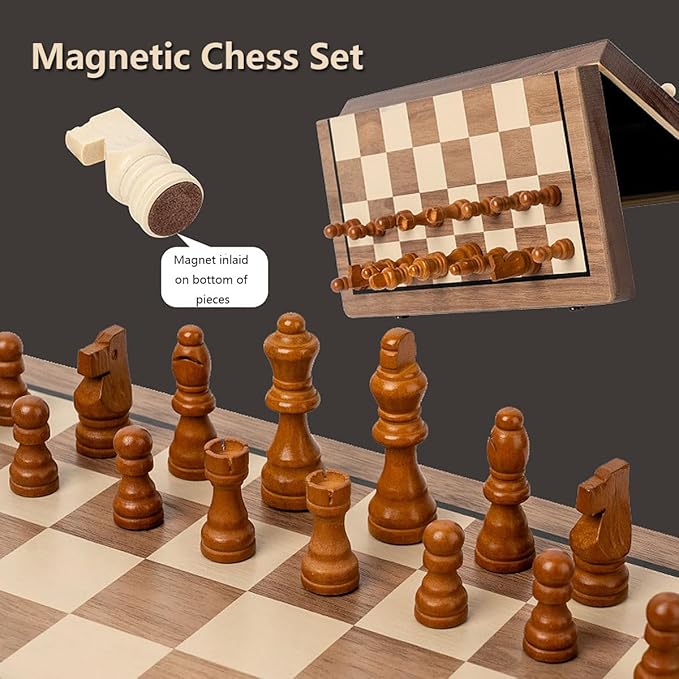 Chess Set 15'' Chess Board Wooden Magnetic Folding Chess Board Set for Adults & Kids Checkers Game for Kids Portable Travel Chess Game for Beginner 2 Extra Queens (Walnut Color)