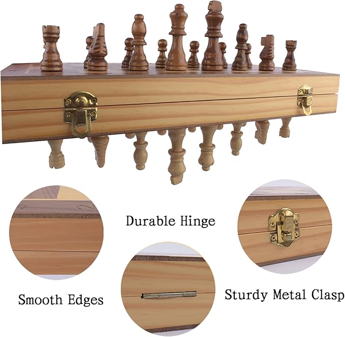 Wooden Chess and Checkers Game Sets Magnetic for Kids and Adult,Portable Travel Folding Game Board 2in1 Kits,Beginner Chessmen with Storage Slots