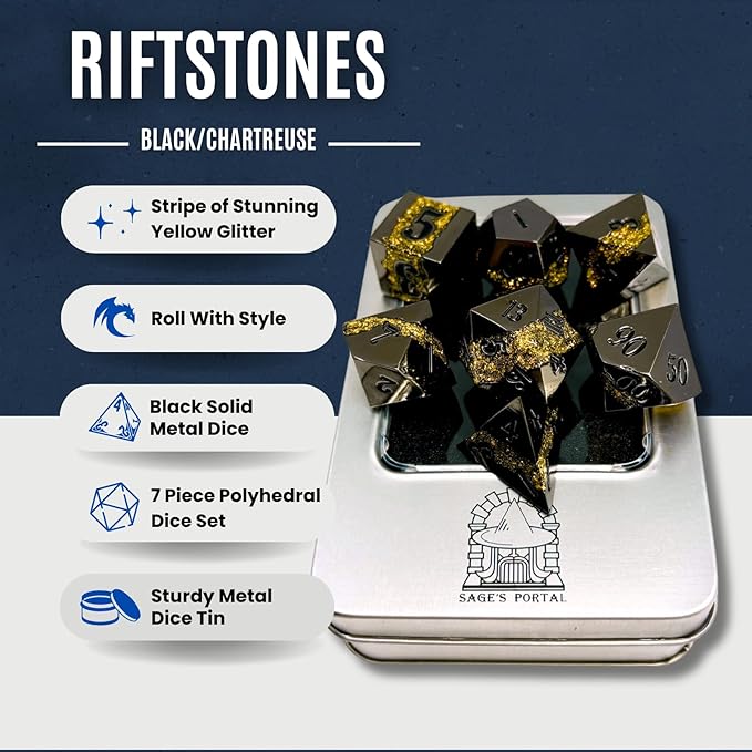 Sage's Portal Metal Riftstone DND Dice 7-PC Polyhedral Dice Set for DND TTRPG Dungeons and Dragons Pathfinder Oversized Designer Dice (Gloss Black/Chartreuse)