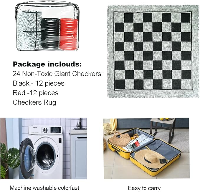 3-in-1 Vintage Giant Checkers and Tic Tac Toe Board Draughts Reversible Rug Game, Big Checker Floor Game Mat, Family Board Game, Lawn Game, BBQ Party Favor, Indoor and Outdoor