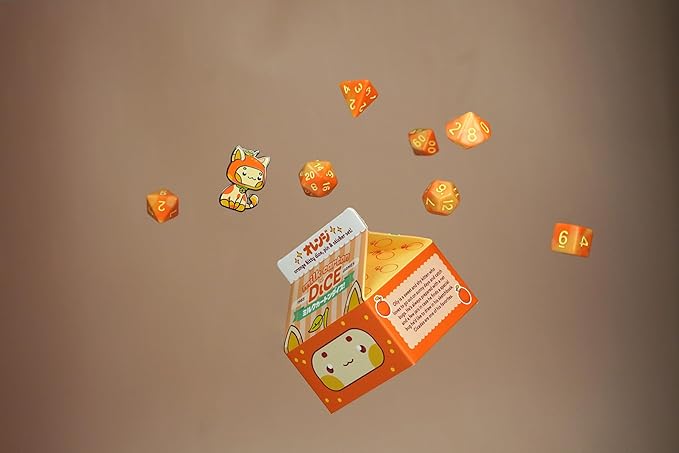 1985 Games Orange Kawaii Cat Dice Set – Milk Carton-Inspired Dice for DND | TTRPGs & Tabletop Roleplaying