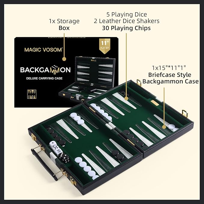 Travel Small 11 Inch Backgammon Black Sets Classic Board Game with Premium Leather Case, Portable Travels Strategy Backgammon Game Set for Adults, Kids (Black, Small)