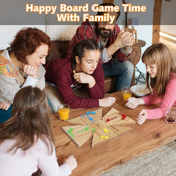 Fast Track Board Game, 18" Detachable Wooden Board Game for 2-6 Players, Portable Marble Game with 32 Marbles and 8 Dices for Family, Friends, Party Game Night
