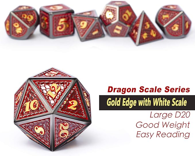 DNDND Metal Dungeons and Dragons Dice Set, 7 PCS Dragon Scale Metallic D&D Die with Gift Metal Tin for DND Game (Red with Black Edge)