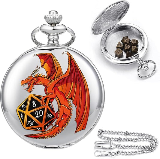 DND Pocket Watch Micro Polyhedral Dice Set Pocket Watch Shell for Dungeons and Dragons DND Dice Tabletop RPG and Board Games Gifts Silver Red