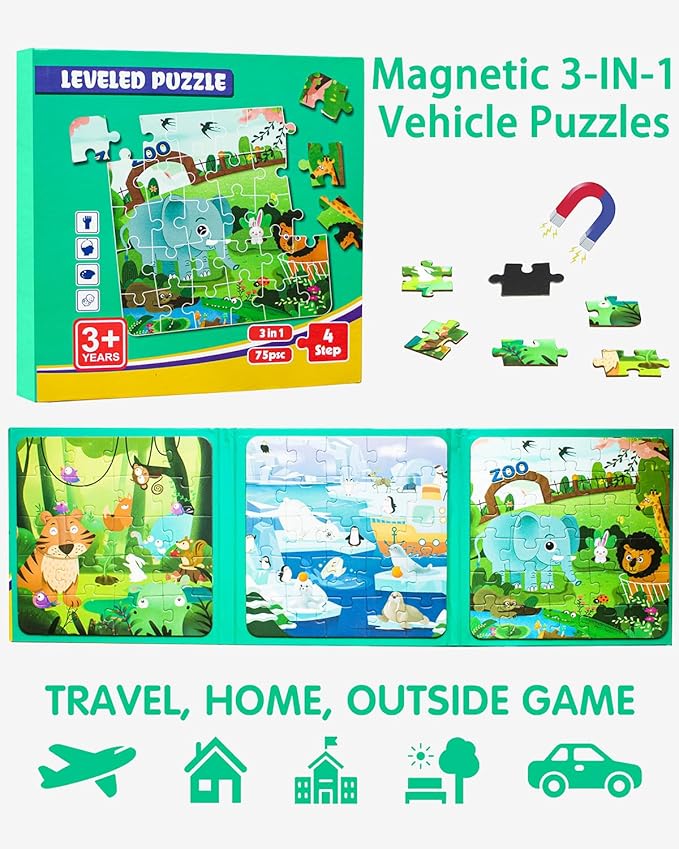 Magnetic Puzzles for Kids Ages 3-5, 3 in 1 Animal Magnet Jigsaw Puzzle Book for Toddlers, Car Airplane Road Trip Activities Toys for 3 4 5 6 Year Old Girls Birthday (Animal)