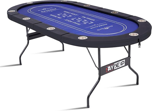 10 Player Poker Table Foldable, 84" Folding Blackjack Texas Holdem Table, Portable Casino Leisure Card Board Game Table with Cup Holders and Padded Rails for Game Room (Black)