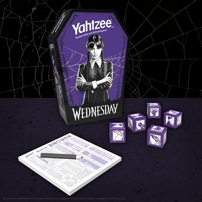 Yahtzee: Wednesday Dice Game, Collectible Flocked Interior Coffin Dice Cup, Classic Game Based on Addams Family Character Wednesday Addams, Officially Licensed Wednesday Game & Merchandise