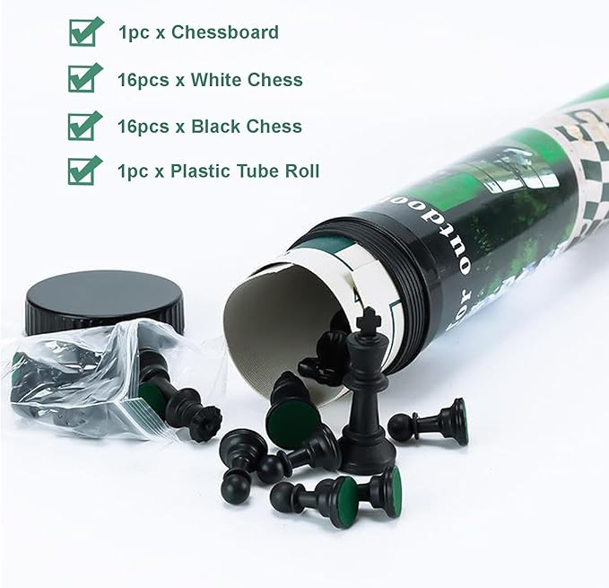 Ragyzity Portable Chess & Checkers Set, Regulation Tournament Roll-Up Staunton Chess Set with Plastic Tube Roll, 2 in 1 Travel Board Games for Adults, Folding Roll Up Chess Set Travel Chess Set(34cm)