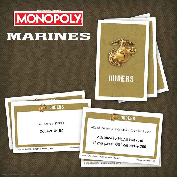Monopoly: Marines 250th Anniversary Edition, Celebrate 250 Years, Buy Bases Worldwide and Upgrade with Tents & Barracks, Play as Tokens: Combat Boots, Bulldog, & More, Officially Licensed Merchandise