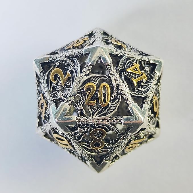 Hollow Dragon Metal Dice,Unique Dungeons and Dragons Polyhedral Dice Set for D&D TRPG,MTG,Pathfinder,Table Board Roll Playing Games D4 D6 D8 D10 D% D12 D20 (Silver)