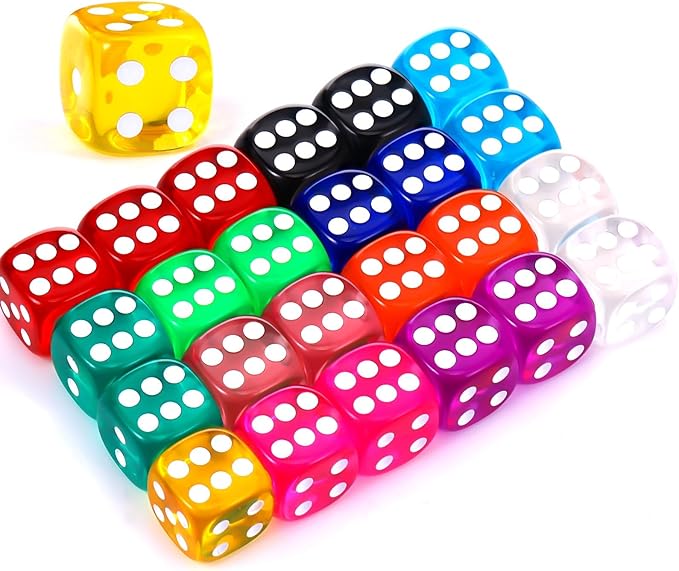 TecUnite 25 Pieces Colored Dice 6 Sided Dice Set, 6 Sided Standard Dices with Black Drawstring Storage Bag for Board Games, Parties, Math Learning, Classroom(Rainbow Color,6 Sides)