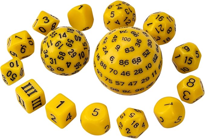 15 Pieces Complete Polyhedral DND Dice Set D3-D100 Spherical D&D Dice Set with Dragon Eye Dice Bag, D100 Dice for Dungeons and Dragons, RPG, MTG Table Games(Yellow w/Black Numbers)