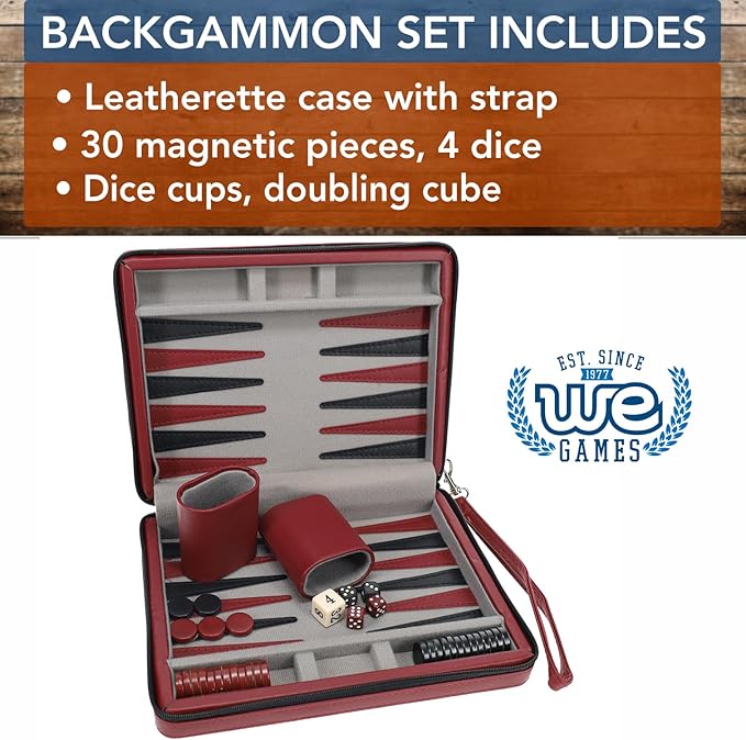 WE Games Backgammon Set, Board Games for Adults - Travel Games - Magnetic with Burgundy Leatherette Backgammon Board and Carrying Strap - Travel Backgammon Sets for Adults