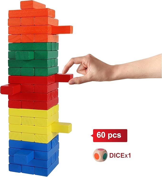 GOTHINK Tumble Tower Game for Kids and Adults, 60pcs Wooden Stacking Board Games Building Blocks for Kids and Family Games Night, Colorful Wood Balancing Blocks Game