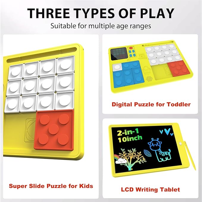 LCD Writing Tablets&Slide Puzzle Games for Kids 10 Inches(1 Pack), Doodle Pad with Stylus, 500+ Challenges Brain Teaser Puzzle for Teens, Travel Birthday for Toddlers Boys Girls…, Yellow