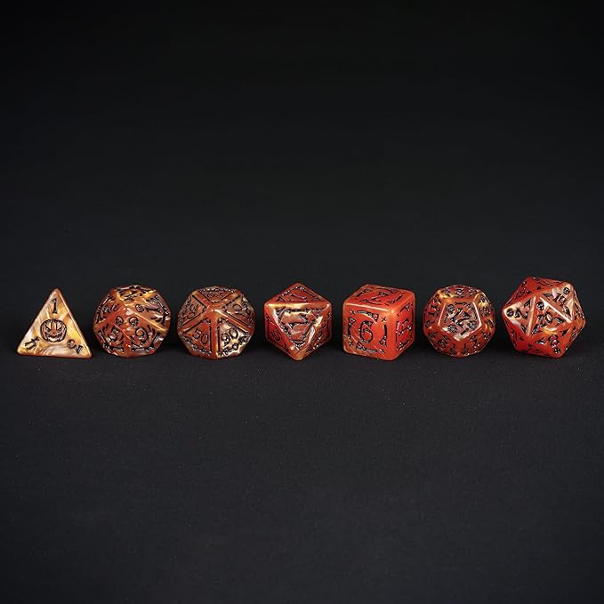 7-Die DND Dice Set Halloween Pattern Polyhedral Die Set with Leather Bag, Skull Dice D&D Die for Dungeons and Dragons RPG Table Games (Halloween Pattern-Orange/Black Number)