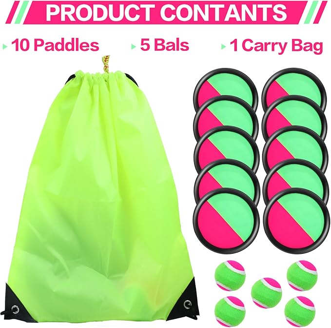 Toss and Catch Game Set, 10 Paddles 5 Balls and 1 Storage Bag, Classic Outdoor Games, Beach Games, Yard Games Suitable for Family Teens Adults