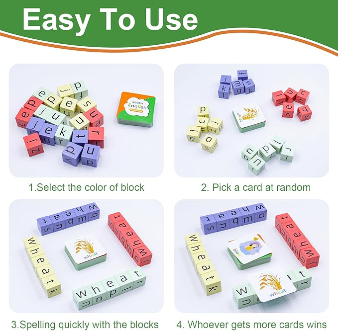 Word Spelling Game, Matching Letter Game for Kids, Fast-paced Word Race Game, 54pcs Flash Cards Alphabet Blocks, Preschool Learning Toys Gift for Kids Ages 3-8