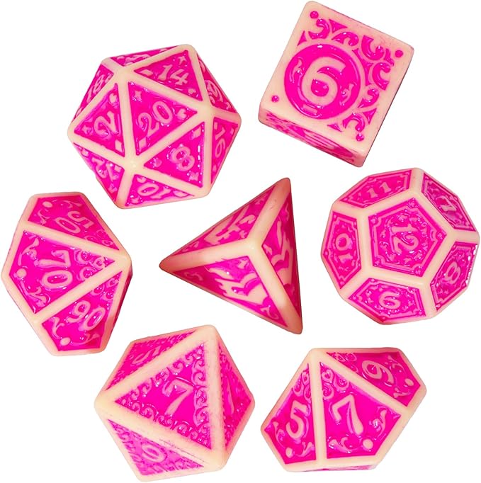7-Die DND Dice Set New Pattern Polyhedral Dice Set with Leather Bag D&D Dice Set for Dungeons and Dragons RPG MTG Table Games(Yellow Pink)