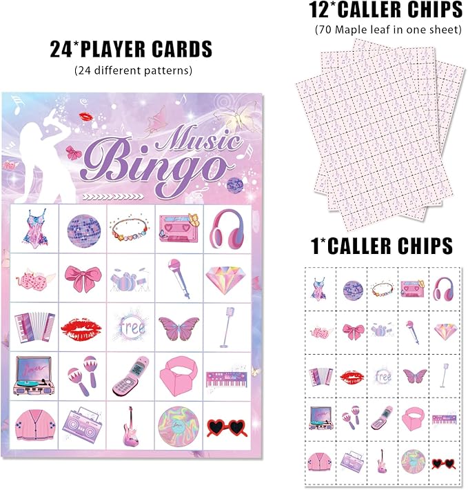 Kavoc Music Birthday Party Bingo Games for 24 Players with Bingo Cards Music Themed Birthday Party Bingo Game for Bachelorette Party Supplies
