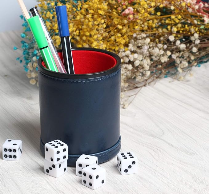 Navy Leatherette Dice Cup Set with 6 Dice Felt Lining Quiet in Shaking for Playing Liars Dice Farkle Yahtzee Board Games
