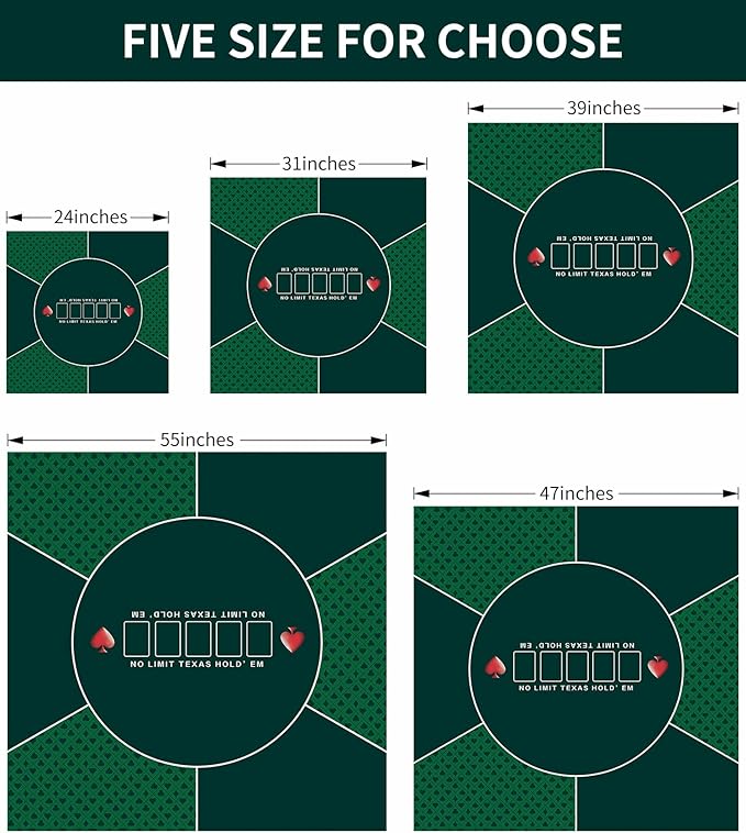 nuveti 24/31/39/47/55 inch Square Foldable 6-Player Texas Poker Card Tabletop Layout Portable Anti-Slip Rubber Board Game Mat Texas Hold'em Poker Mat for Family Game, Casino, Party